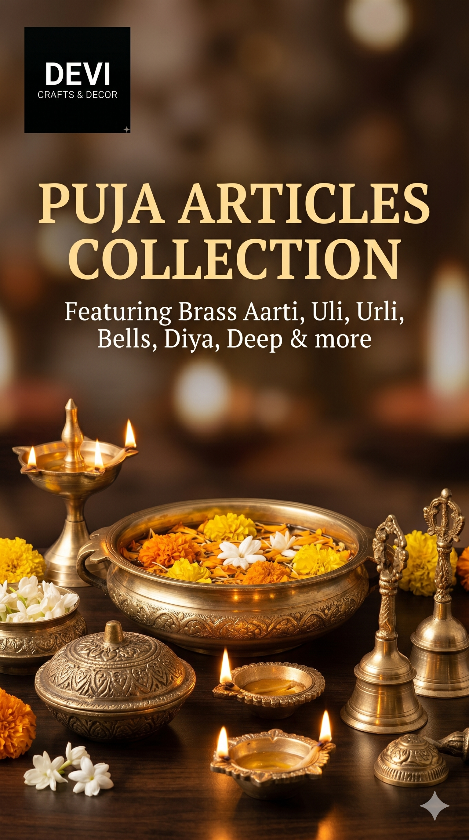 Handcrafted brass puja articles collection featuring an ornate brass urli with flowers, burning diyas, mandir bells, and aarti deep against a dark wooden background for Devi Crafts and Decor.