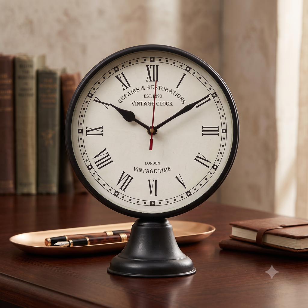 Devicrafts matte black vintage metal table clock with 8 inch roman numeral dial main image