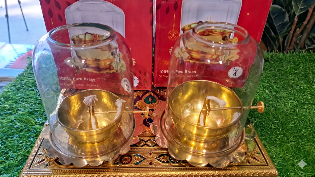 Pure Brass Akhand Deep Oil Lamp with Borosilicate Glass Cover - Premium Akhand Jyoti Diya for Mandir, Diwali Pooja, Home Decor & Gifting