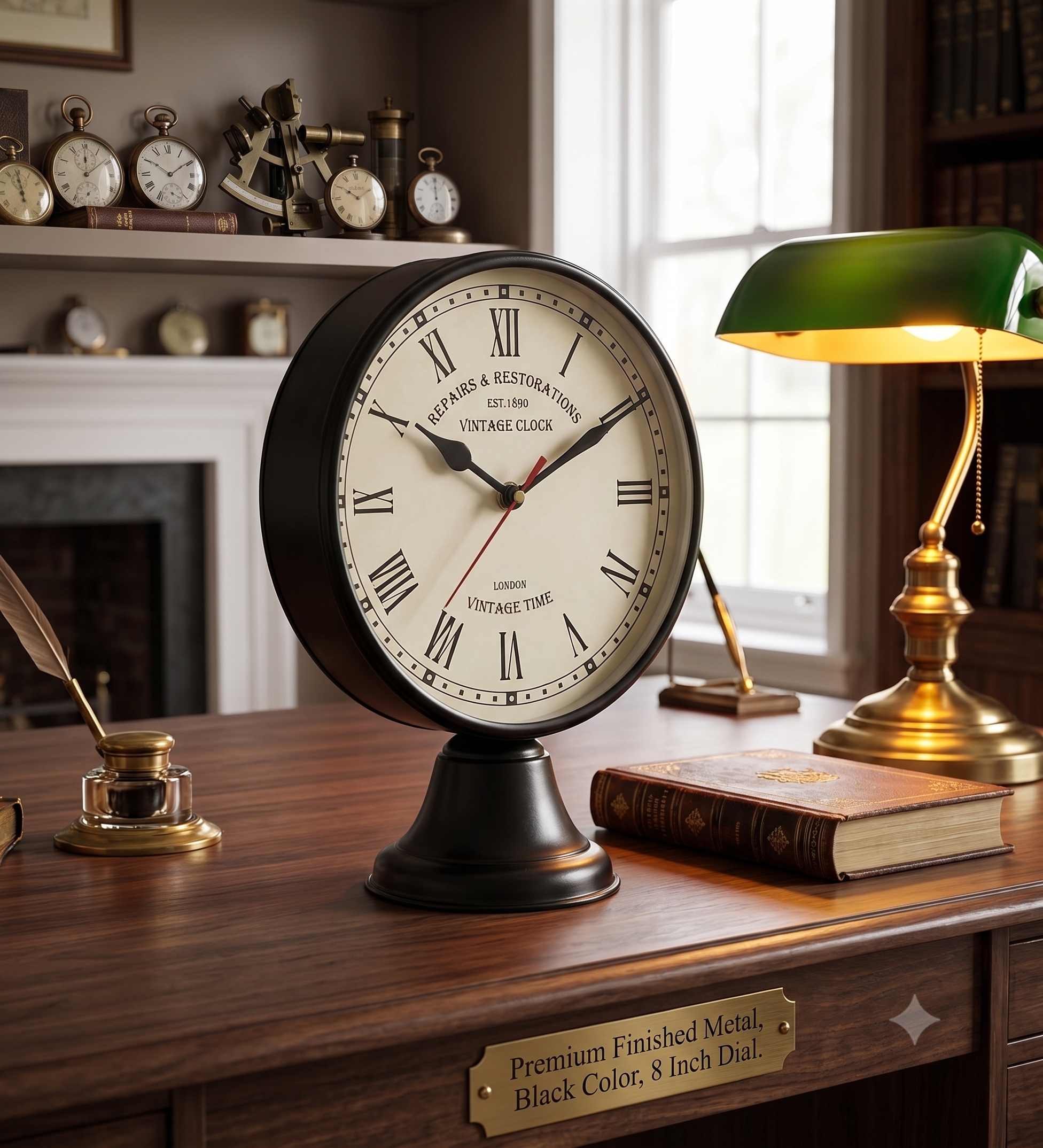 Devicrafts Vintage Metal Table Clock | 8-Inch Dial Retro Silent Desktop Clock (Matte Black)