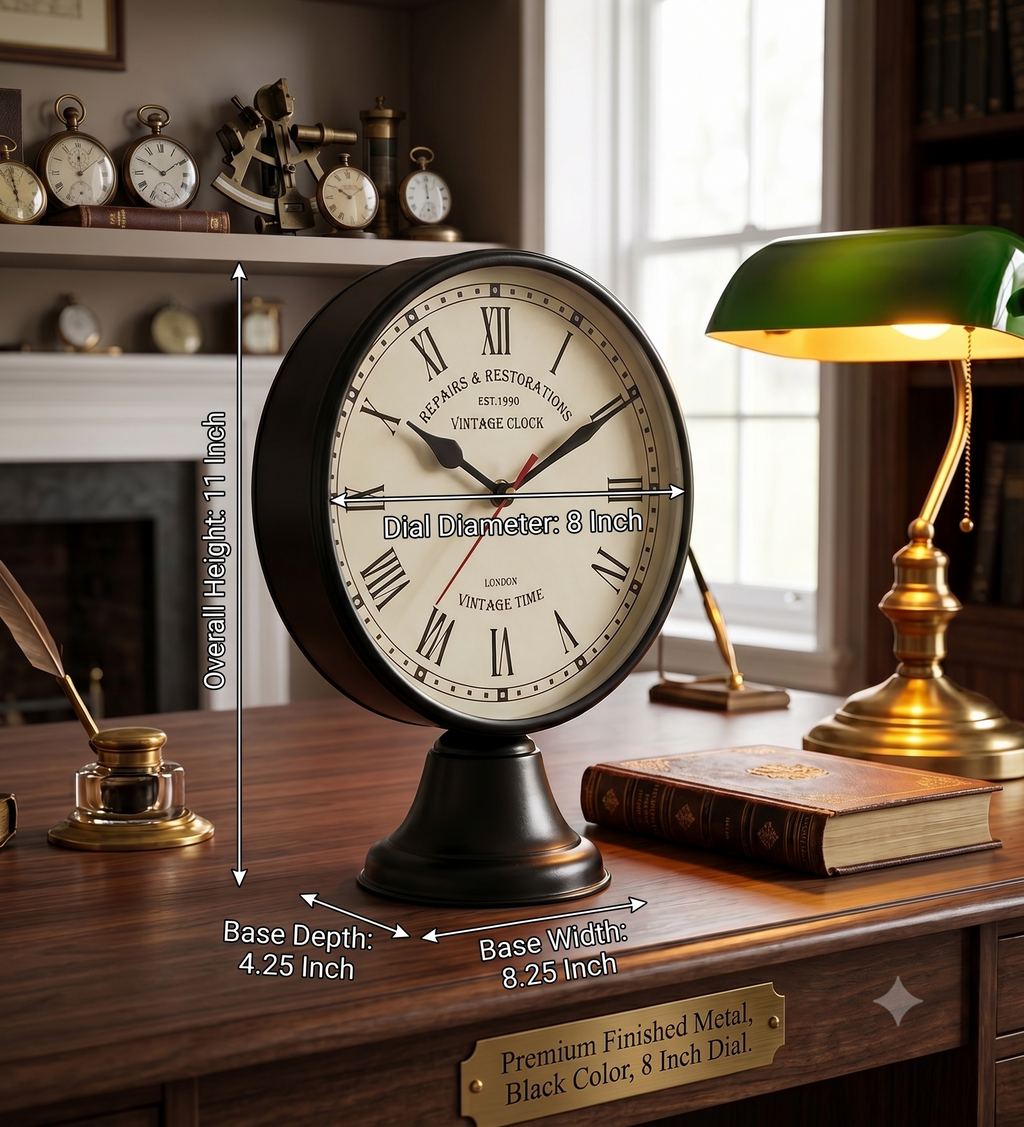Devicrafts Vintage Metal Table Clock | 8-Inch Dial Retro Silent Desktop Clock (Matte Black)