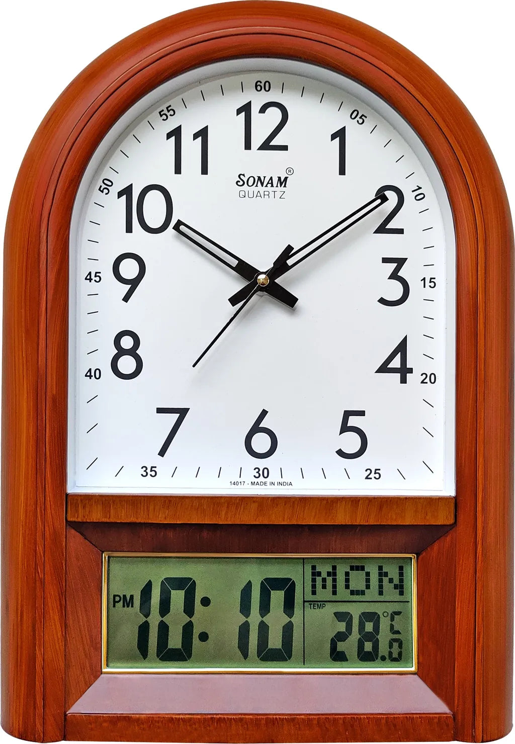 Sonam SLC 14017 Arch-Shaped Wooden Wall Clock with Digital LCD & Temperature
