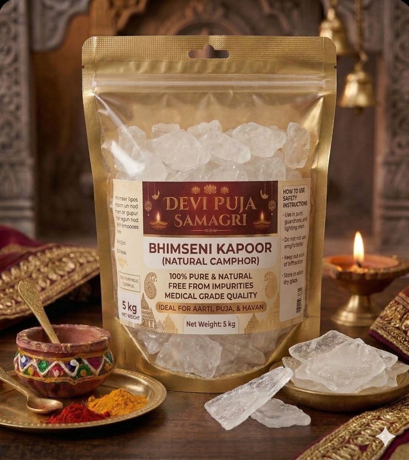 100% Pure Bhimseni Camphor Flakes– Medical Grade Karpooram for Pooja, Havan & Aromatherapy – Natural Inhalation & Diffuser Kapoor – Long Burning & Super Strong Fragrance