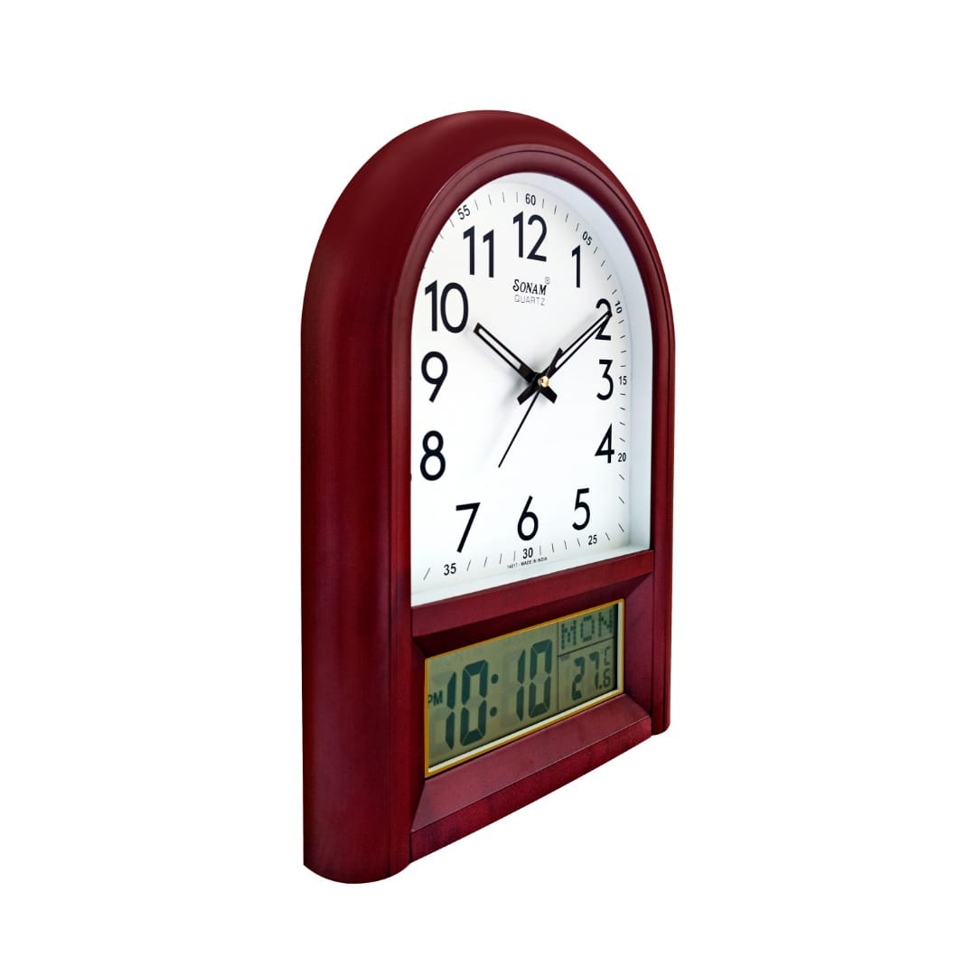 Sonam SLC 14017 Arch-Shaped Wooden Wall Clock with Digital LCD & Temperature