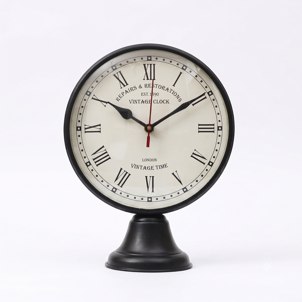 vintage metal table clock with 8 inch roman numeral dial ,product in white background image