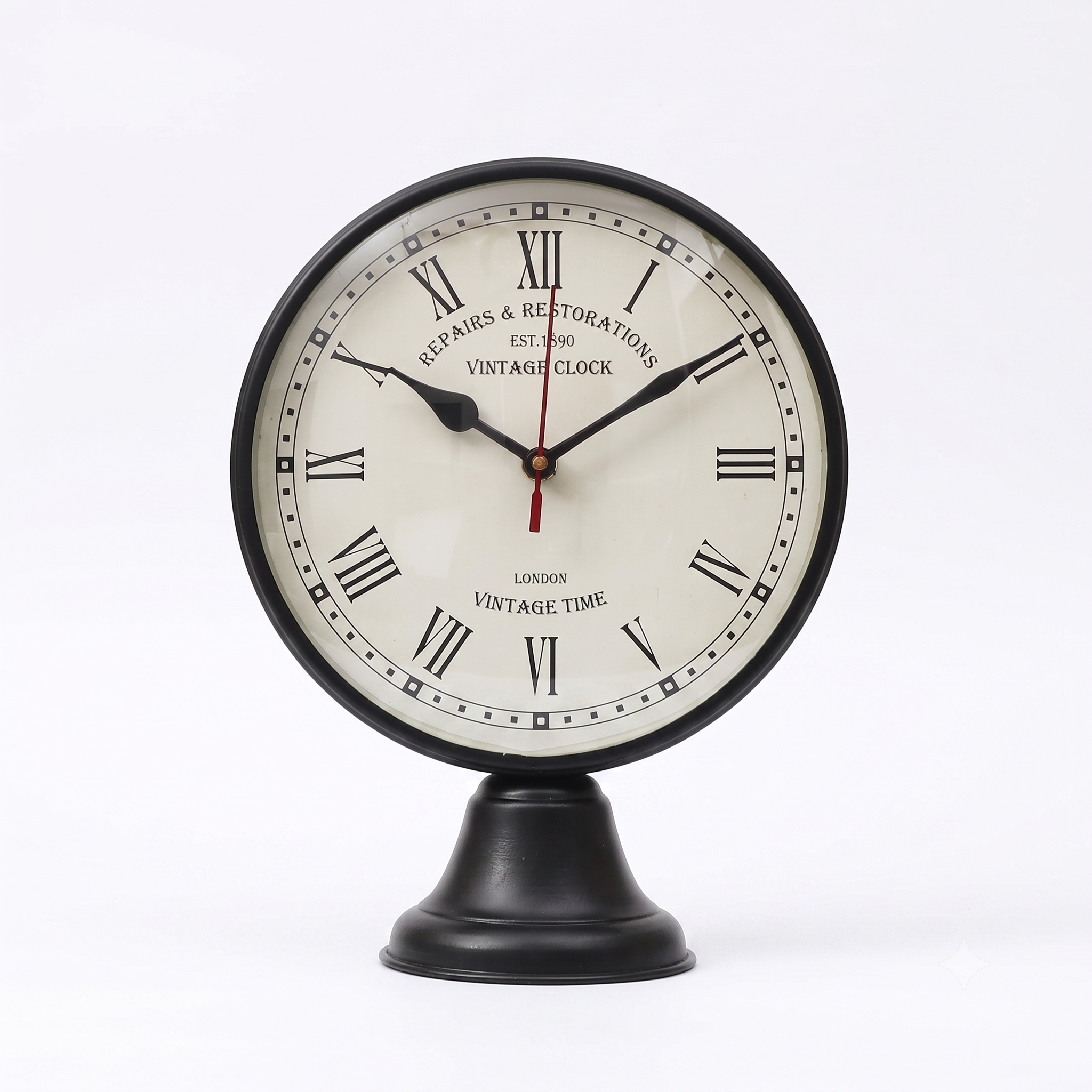 vintage metal table clock with 8 inch roman numeral dial ,product in white background image